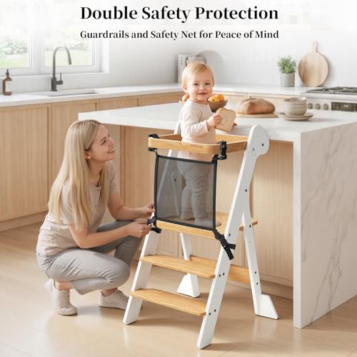 COSYLAND Foldi Foldable Toddler Kitchen Stool - Adjustable Height Toddler Standing Tower with Net & Safety Feet, IF Award-Winning Wooden Learning Step Tower for Kids 18M-6Y, White & Natural - color: White & Natural