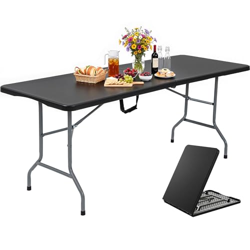 YITAHOME 6ft Folding Tables Heavy Duty Folding Table with Carrying Handle Plastic Fold up Table for Outdoor Camping Picnic Parties/Indoor Events All in Black - color: Black