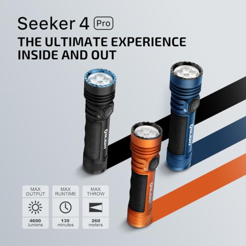 OLIGHT Seeker 4 Pro Rechargeable Flashlights, 4600 Lumens High Powerful Bright Light with USB C Holster, Waterproof IPX8 for Emergencies, Camping, Searching (Matte Black Cool White) - color: Black