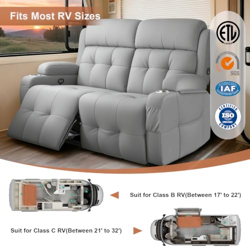 RV Loveseat Recliner Sofa, Reclining Loveseats Couch for RV Furniture, Home Theater Seating with Massage, USB, Insert Pockets, Cup Holders, 150° Wall Hugger RV Recliners Sleeper Sofa - color: Light Gray, size: Loveseat-G1
