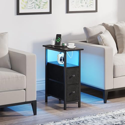 TRIFEBLE End Table with Charging Station, Narrow Side Table with 2 Fabric Drawers, Skinny Nightstand with LED Light, Slim Bedside Table for Bedroom, Living Room, Small Spaces, Black - color: Black
