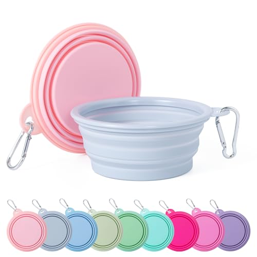 SLSON Collapsible Dog Bowl, 2Pack Macaron Color Pet Travel Bowls Silicone Foldable Water Feeder Dish for Small to Large Dogs Cat Walking Hiking Camping (Macaron Coral and Light Grey, Small) - color: Macaron Coral and Light Grey, size: Small
