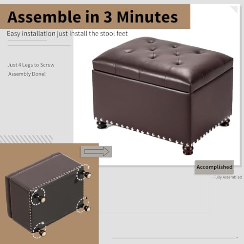Joveco Faux Leather Storage Ottoman Bench Rectangle 24 Inch Foot Rest Ottomans (Brown) - color: Brown