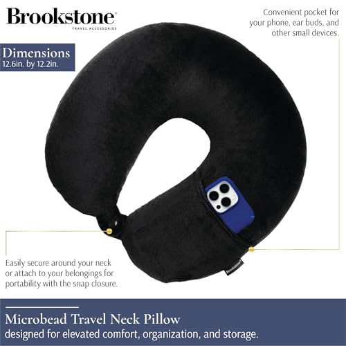 Brookstone Microbead Neck Pillow - Super Soft Cozy Lightweight Plush Travel Pillow with Phone or Headphone Pocket, Black - color: Black