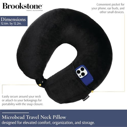 Brookstone Microbead Neck Pillow - Super Soft Cozy Lightweight Plush Travel Pillow with Phone or Headphone Pocket, Black - color: Black