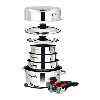 Magma 10 Piece Gourmet Nesting Stainless Steel Cookware Set with Ceramica Non-Stick, Induction Compatible, Oven Safe to 500°F - Suitable for All Stovetops, Removable Handles, Silver - color: Stainless Steel, style: 10 Piece, Non-stick