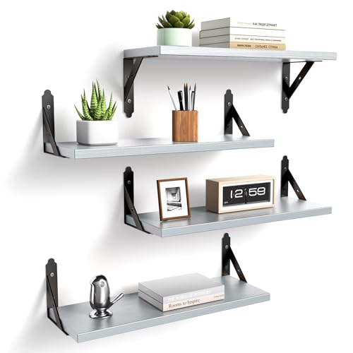 ROMGUAR CRAFT Wood Floating Shelves Set of 4, Rustic Storage Decor Wall Shelves, Wall Mounted Shelf for Living Room, Bedroom 17" x 6", Light Grey - color: Light Grey, size: 17" x 6"