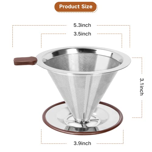 Pour Over Coffee Dripper, Reusable Paperless Coffee Filter,Professional Stainless Steel Drip Cone Brew Coffee Strainer,Upgraded Double Micro Mesh Filter with Cup Stand,1-4 Cup - size: 1-4 Cup