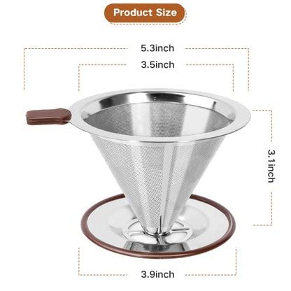 Pour Over Coffee Dripper, Reusable Paperless Coffee Filter,Professional Stainless Steel Drip Cone Brew Coffee Strainer,Upgraded Double Micro Mesh Filter with Cup Stand,1-4 Cup - size: 1-4 Cup