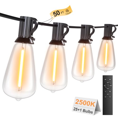 50FT Outdoor String Lights with Remote, Garden Patio Decor with 2500K Warm White, 25+1 LED Edison Bulbs, Support Timer Dimmable Waterproof Shatterproof for Yard Outside Porch Deck Indoor (24V) - size: 50FT