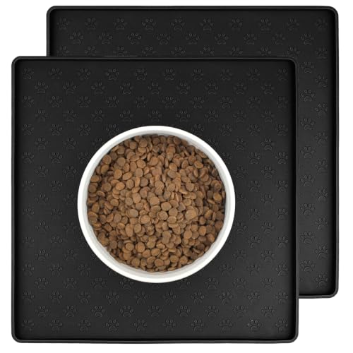 2 Pack Pet Placemat for Dog and Cat, Waterproof Non-Slip Silicone Feeding Bowl Mat Prevent Food and Water Overflow, Puppy Dish Feeder Fountain Trays Suitable for Medium and Small Pets, Black - color: Black, size: 11.8"L x 11.8"W - 2 Pack