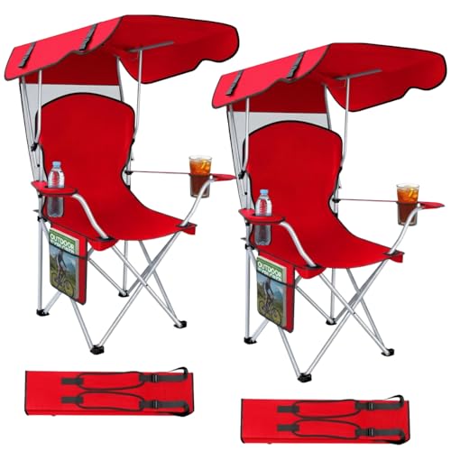 Portable Folding Camping Chairs with Canopy Shade, Beach Chair for Adults, Durable Weather Resistant 600D Oxford Cloth, Camping Chair with Canopy for Outdoors [Red-2 Pack] - color: Upgraded Red (2-pack)