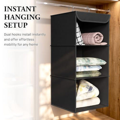 Simple Houseware 3-Shelf Hanging Closet Organizer, Fabric Storage Shelves with 57L Capacity, Black - color: Black