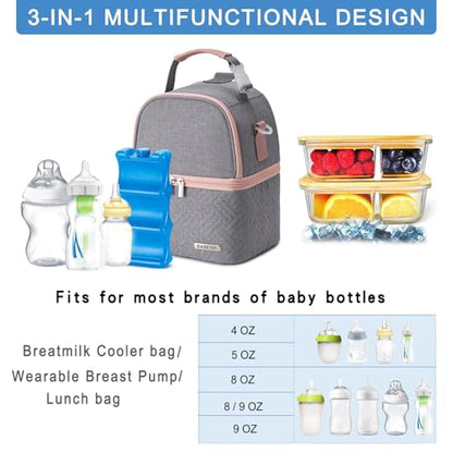 Breastmilk Cooler Bag with Ice Pack Fits 6 Baby Bottles up to 9 Ounce, Breast Milk Pump Cooler Bag with Shoulder Strap for Nursing Mom Daycare, Work, Travel- Grey - color: Grey