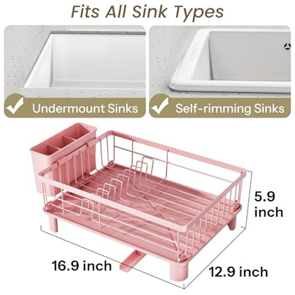 SNTD Dish Drying Rack - Small Dish Rack for Kitchen Counter, Stainless Steel Dish Drainer with Utensil Holder and Drainboard, 12.9" W x 16.9" L (Pink) - color: Pink, size: 12.9" W x 16.9" L