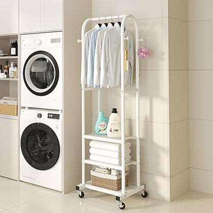 Dttwacoyh Metal Clothing Rack with Wheels and Hanging Hooks,Narrow Coat and Shoe Rack,Small Hall Tree,for Small Space, Bedroom, entryway, Walk-in Closet, Laundry Room- White - color: White