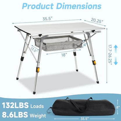 Camping Table Portable Foldable with Adjustable Legs, Aluminum Roll Up Table with Large Mesh Storage Layer & Carrying Bag, Lightweight Outdoor Picnic Table for Camping, Beach, BBQ, Backyard