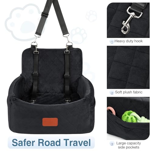 WOOAIDAGG Dog Car Seat for Small Dogs Under 30lbs, Washable Pet Travel Car Bed with Memory Foam,Fully Detachable Cover,2 Storage Pockets & Safety Leash,Non-Slip Bottom(Black) - color: Black