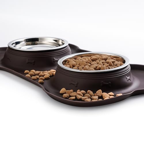 Hubulk Pet Dog Bowls 2 Stainless Steel Dog Bowl with No Spill Non-Skid Silicone Mat + Pet Food Scoop Water and Food Feeder Bowls for Feeding Small Medium Large Dogs Cats Puppies (Small, Chocolate) - color: Chocolate, size: Small