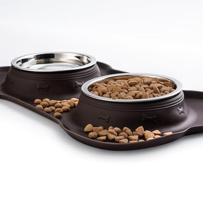Hubulk Pet Dog Bowls 2 Stainless Steel Dog Bowl with No Spill Non-Skid Silicone Mat + Pet Food Scoop Water and Food Feeder Bowls for Feeding Small Medium Large Dogs Cats Puppies (Small, Chocolate) - color: Chocolate, size: Small