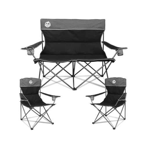 Northroad Outdoor Camping Chair Set of 3,Folding Padded Camp Chair w/1 Sofa,2 Single Chairs,Collapsible Conversation Set for Family Patio, Beach (Black) - color: Black, style: no table