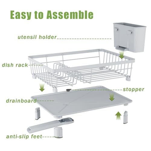 Dish Drainer Rack with Drip Tray, Sink Dish Drainer with Drainage Spout, Stainless Steel Dish Drying Rack with Cups, Utensil & Cutting Board Holders for Kitchen Counter Space-Saving, Grey - color: Gray