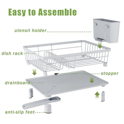 Dish Drainer Rack with Drip Tray, Sink Dish Drainer with Drainage Spout, Stainless Steel Dish Drying Rack with Cups, Utensil & Cutting Board Holders for Kitchen Counter Space-Saving, Grey - color: Gray