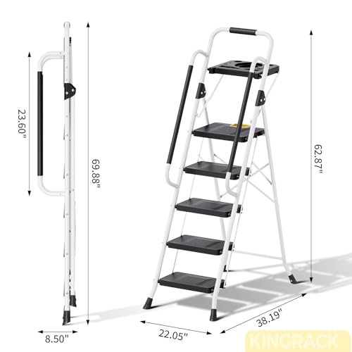 KINGRACK Folding 5-Step Ladder, 800 lbs Capacity Step Stool with Safety Lock, Tool Tray, Non-Skid Wide Steps, Handrail, Household Folding Ladder for Home, Garden, Painting, Outdoor, and Garage, White - size: 5-STEP