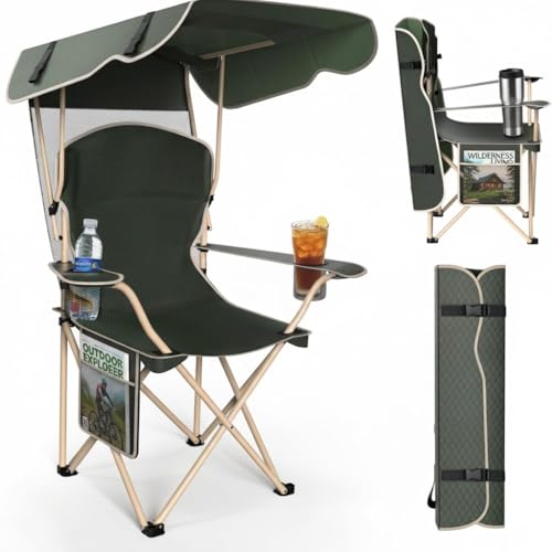 Portable Folding Camping Chairs with Canopy Shade, Beach Chair for Adults, Durable Weather Resistant 600D Oxford Cloth, Camping Chair with Canopy for Outdoors [Olive Green] - color: Upgraded -Olive Green