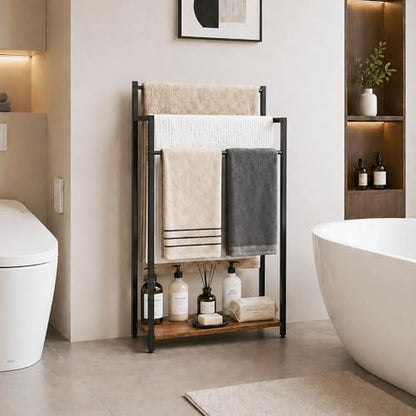 Freestanding Towel Rack, 3 Tier Blanket Ladder Stand with Rustic Brown Wooden Shelf for Bathroom Living Room (31.5" H x 16.9" W x7.9 D) - color: Rustic Brown, size: 31.5"H x 16.9"W x7.9"D