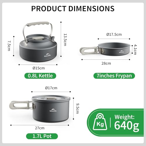 Naturehike Camping Cookware Set Mess Kit for Backpacking Gear, Camp Cooking Set, Camping Pots and Pans Set for Outdoor Backpacking Camping Hiking Picnic - color: 1.7L pot+7'' frying pan+0.8L kettle