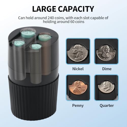 4-Slot Car Coin Holder, Large Capacity Coin Organizer, Universal Car Coi-n Dispenser Storage for Cup Holder, Change Holder Compatible with Most Vehicles & Trucks(Color:Black)