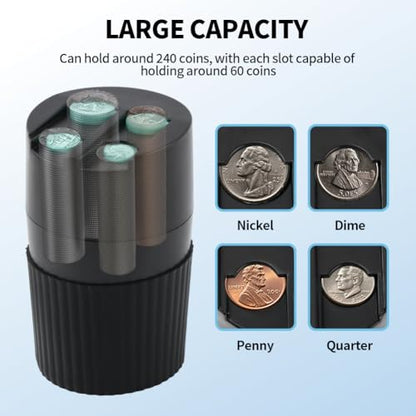 4-Slot Car Coin Holder, Large Capacity Coin Organizer, Universal Car Coi-n Dispenser Storage for Cup Holder, Change Holder Compatible with Most Vehicles & Trucks(Color:Black)
