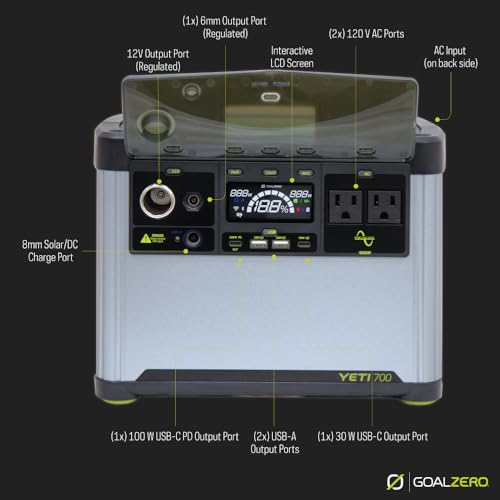 Goal Zero Yeti Portable Power Station, Yeti 700, 677 Watt Hour LiFePO4 Battery, Water Resistant & Dustproof Solar Generator for Outdoors, Camping, Tailgating, & Home, Clean Renewable Off-Grid Power - style: Yeti 700