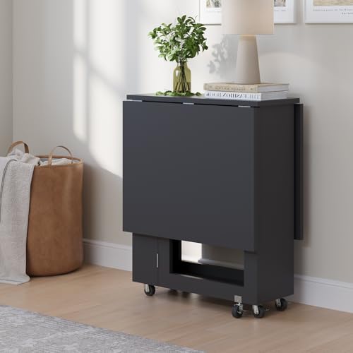LotFun Folding Dining Table with 6 Wheels, 2-Layer Storage Shelf & Drawer, Space Saving Farmhouse Kitchen Table for Small Spaces - color: Grayish Black