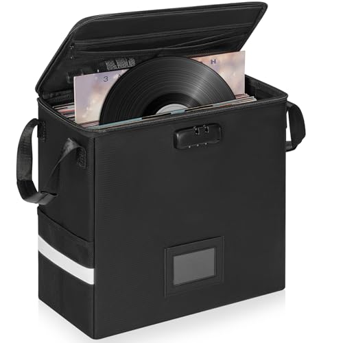 IBVIVIC Fireproof Vinyl Record Storage Box, Record Storage Organizer with Lock Fireproof Record Case for 50+ 7/10/12 Inch Single Vinyl Records Large Capacity File Storage Organizer, Small - color: Black
