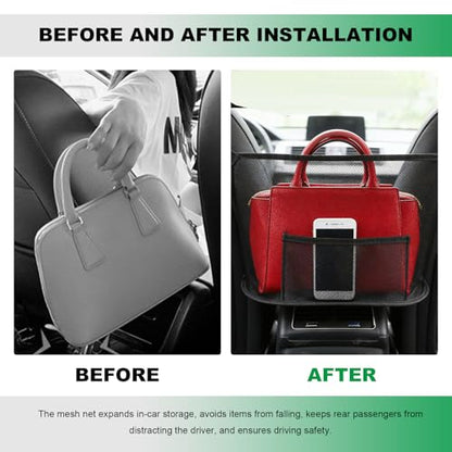 Car Net Pocket Handbag Holder, Auto Purse Holder Organizer Mesh Bag Between Front Seats, Large Capacity Driver Storage Netting Pouch Backseat Barrier for Handbags Purses Wallets
