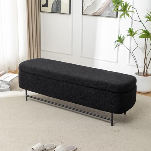 56" Boucle Storage Bench for Bedroom, Upholstered Teddy Ottoman Bench, Modern Extra Long Storage Bench for End of Bed/Entryway/Livingroom/Window (Black) - color: Black, size: 17.7"D x 56"W x 18.5"H