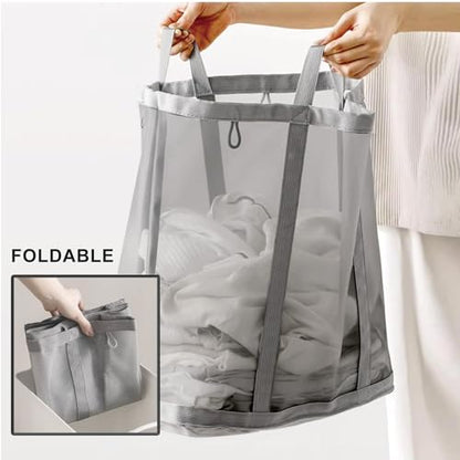 Mesh Bag with Handles, Collapsible Laundry Basket, Foldable Laundry Bag, Breathable Folding Beach Bag,Space-saving Travel Tote Bags (1, Grey) - color: Grey