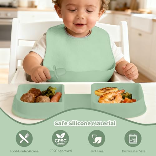 Green Foldable Silicone Baby Feeding Set, Portable Travel Baby Feeding Essentials Including Toddler Plates, Silicone Baby Spoon&Fork, Adjustable Foldable Bib, Portable Infant Toddler Utensils - color: Green
