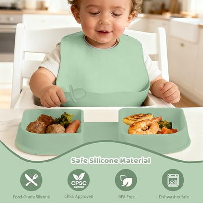 Green Foldable Silicone Baby Feeding Set, Portable Travel Baby Feeding Essentials Including Toddler Plates, Silicone Baby Spoon&Fork, Adjustable Foldable Bib, Portable Infant Toddler Utensils - color: Green
