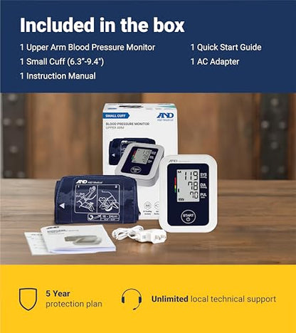 A&D Medical Blood Pressure Monitor for Home Use – UA-651SAC – Petite Upper Arm BP Machine – Small Cuff (6.3–9.4” / 16-24 cm) – Adults, Easy to Use, AC Adapter - style: Monitor w/ Small Cuff + AC Adapter