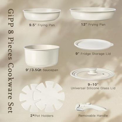 GiPP Ceramic Pots and Pans Set Non Stick, Nonstick Detachable Handle Cookware Sets, Healthy Non Toxic PFAS PFOA & PTFE Free, Dishwasher ＆Oven Safe, Induction Kitchen Pot and Pan, 8 Piece Cream - color: White, size: 0802