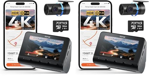 70mai 4K Dash Cam Front and Rear, Built in Wi-Fi 6 & GPS Car Camera, Super Night Vision, ADAS, 3'' IPS Screen, 24H Parking Mode, Time-Lapse, Loop Recording, with 128GB Card (A800SE) (Pack of 2) - size: A800SE-1 (Pack of 2)