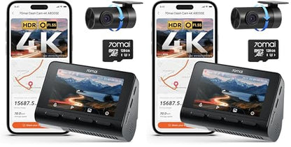 70mai 4K Dash Cam Front and Rear, Built in Wi-Fi 6 & GPS Car Camera, Super Night Vision, ADAS, 3'' IPS Screen, 24H Parking Mode, Time-Lapse, Loop Recording, with 128GB Card (A800SE) (Pack of 2) - size: A800SE-1 (Pack of 2)