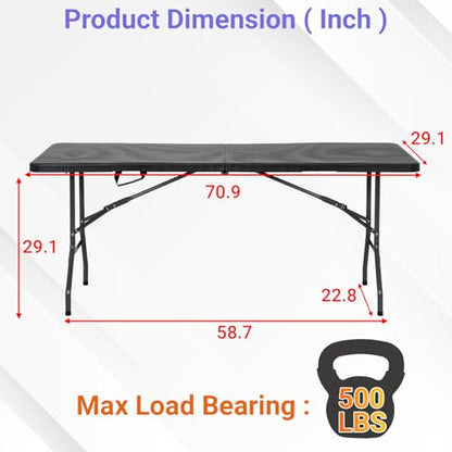FDW 6FT Folding Table, Portable Fold-in-Half Plastic Picnic Party Table with Carrying Handle （Black Ratten, 6FT） - color: Black Ratten, size: 6 FT 70"x29"
