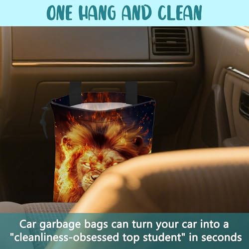 Car Garbage Bag Firce Lion Burning Flame Hanging Canvas Car Trash Bag Drawstring Car Back Seat Organizer for Car Back Front Seat Console with Adjustable Buckle - color: Firce Lion Burning Flame