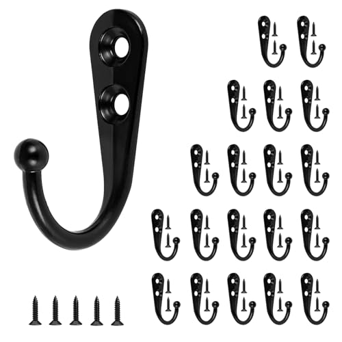 20PCS Hooks for Hanging, Metal Key Hooks with 45 Screws, Heavy Duty Single Prong Hook，Wall Hook for Key, Clothes, Purse, Towel, Backpack, Hat, Scarf, Jewelry, Dog Leashes - color: 1.57"×1.02", Black