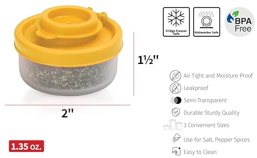 SIGNORAWARE Salt and Pepper Shakers Moisture Proof Set of 2 Small Mini Salt Shaker to go Camping Picnic Outdoors Kitchen Lunch Boxes Travel Spice Set Clear with Red Covers Plastic Airtight Dispenser - color: Yellow