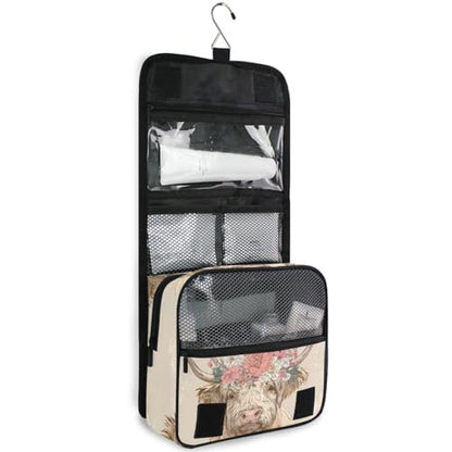 Retro Flower Highland Cow Hanging Toiletry Makeup Bag Travel Organizers Toiletries Cosmetics Bag for Women - color: Flower Highland Cow